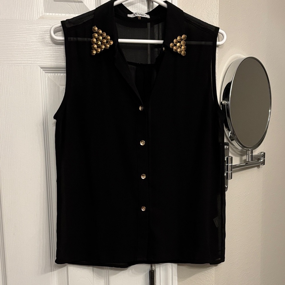 Black Sleeveless Blouse with Gold Stud Collar